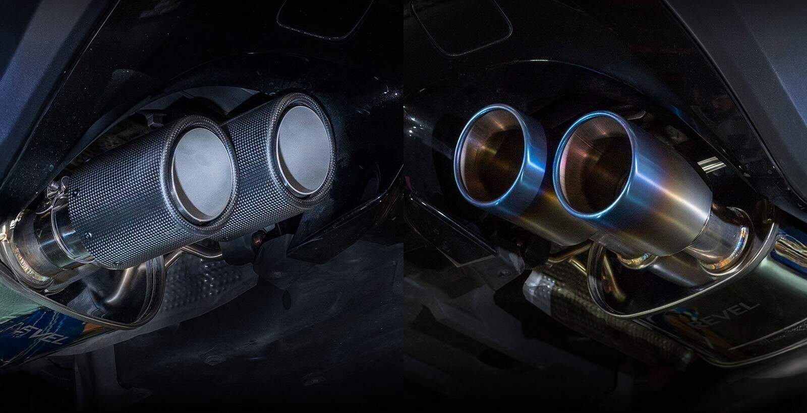 High-performance carbon fiber exhaust system for luxury sports cars, showcasing sleek turbo mufflers designed for enhanced speed and sound.